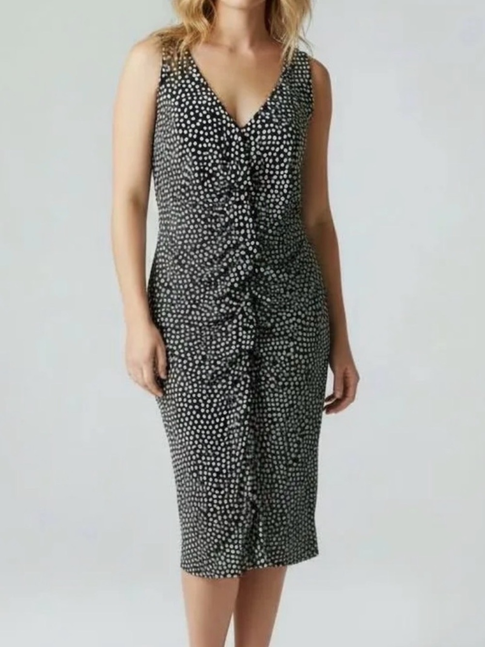 Valerie Bertinelli Black & White Polka Dot Ruched Midi Dress